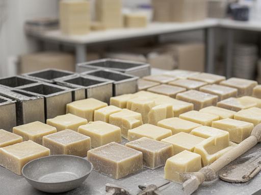 Jabones artesanales ordenados junto a moldes y herramientas de elaboración en un taller luminoso