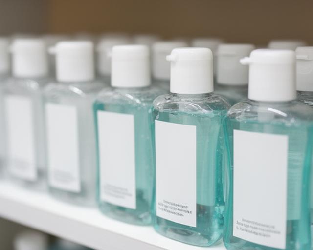 Botellas pequeñas de gel antibacterial sobre una repisa de higiene personal en un entorno luminoso