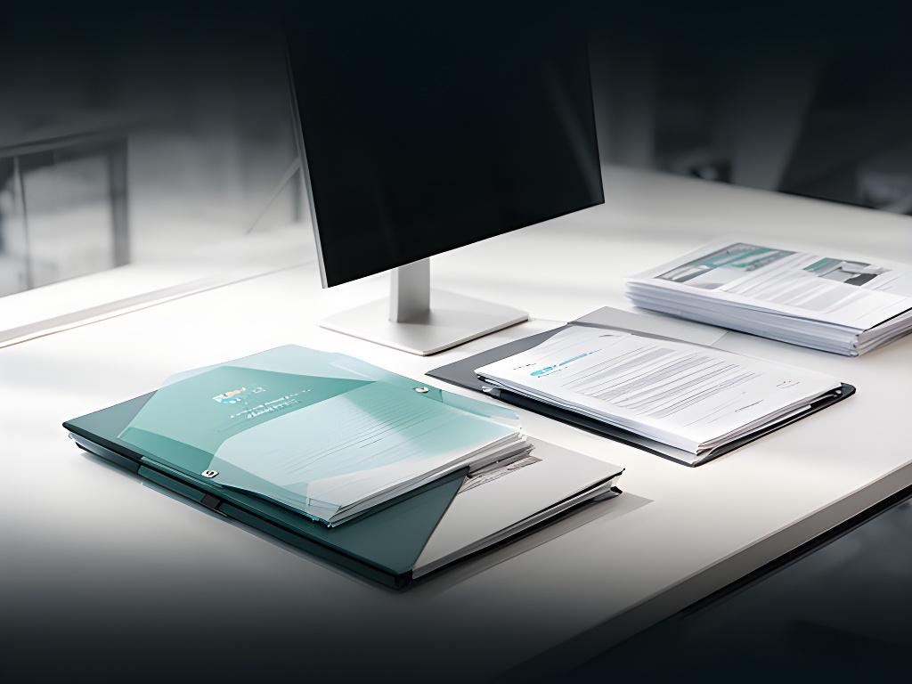Escritorio de oficina con documentos ordenados, computadora y carpeta de compliance junto a luz natural