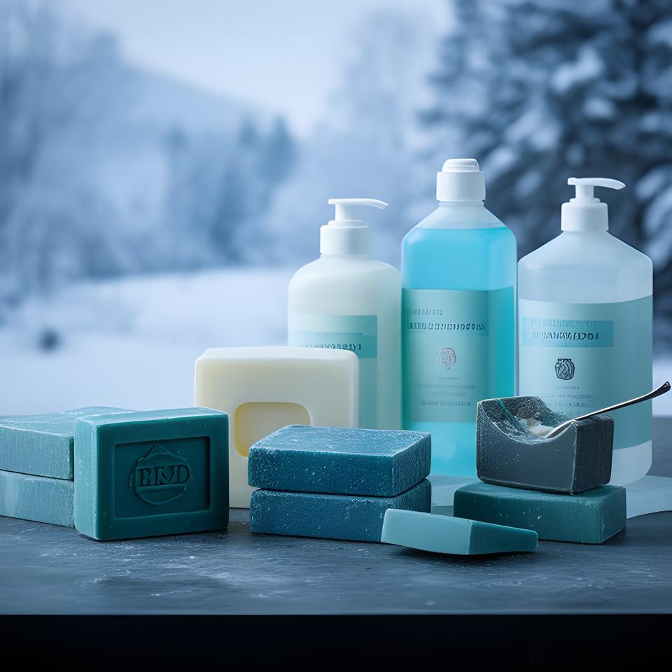 Productos de jabón y limpieza sobre una mesa de trabajo con el paisaje invernal de Ushuaia al fondo