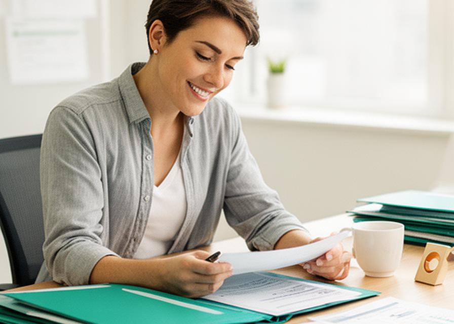 Persona atendiendo consultas en una oficina luminosa con carpetas, pantalla y taza de café
