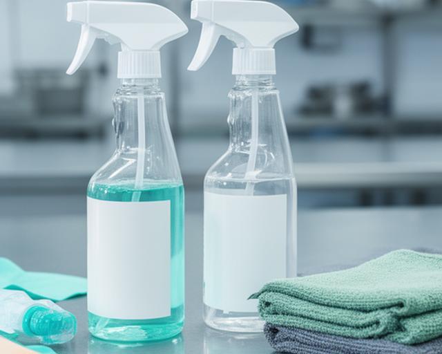 Atomizadores de desinfectante multiuso junto a paños y elementos de higiene en una cocina profesional