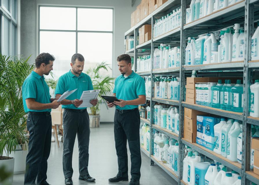 Equipo de planta revisando pedidos comerciales junto a estanterías de productos de limpieza en una sala luminosa