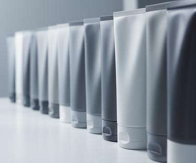 Envases de higiene personal alineados sobre una superficie limpia en tonos fríos