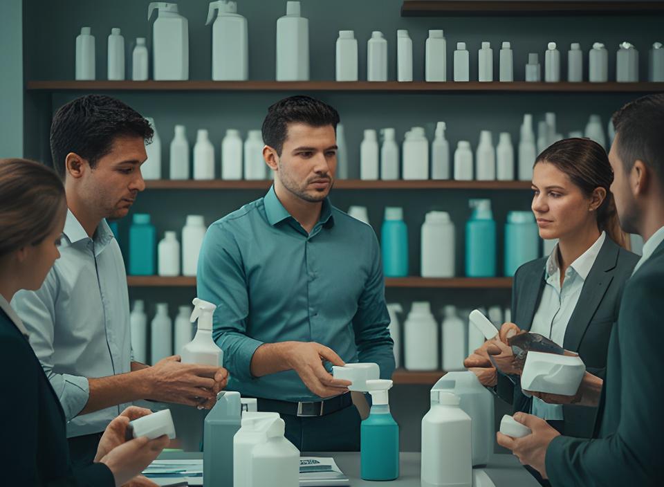 Equipo comercial revisando muestras de productos de limpieza frente a estanterías ordenadas en una oficina de Ushuaia