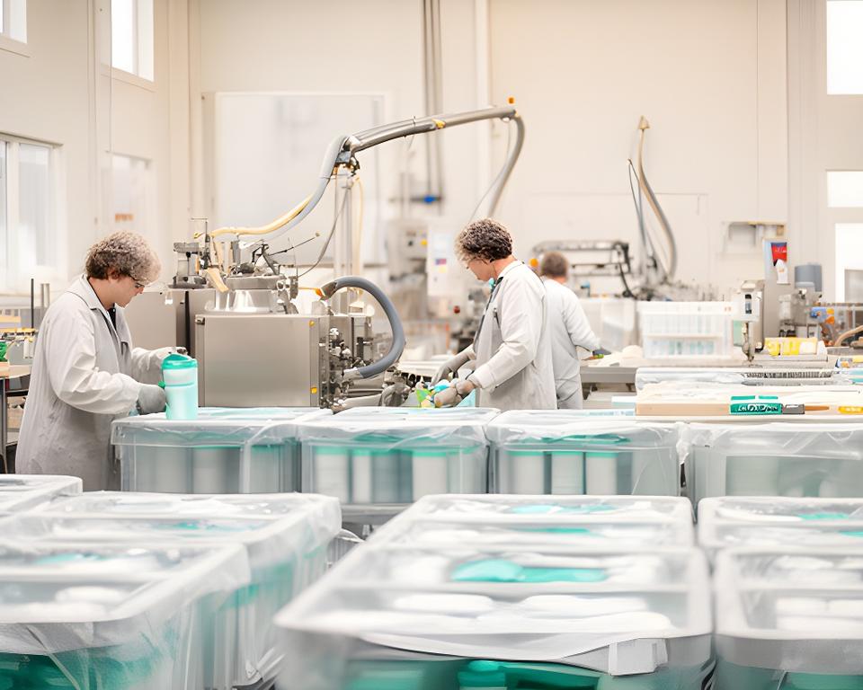 Operaria en planta de limpieza con equipos industriales y envases organizados en una sala luminosa de Ushuaia