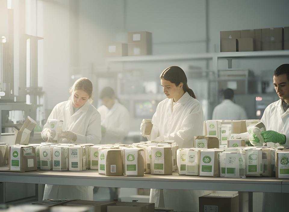 Planta de fabricación con envases reciclables, luz natural y operarios organizando lotes de productos de higiene