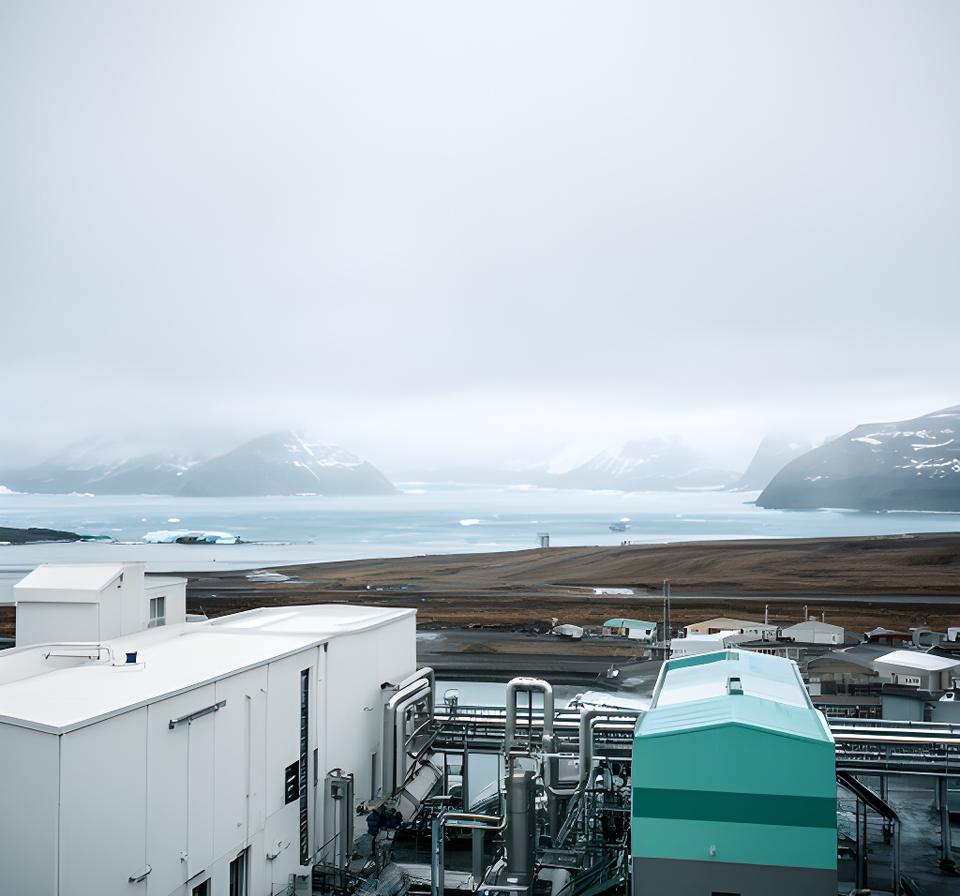 Planta de fabricación de jabones en Ushuaia con paisaje fueguino al fondo y cielo frío del sur argentino