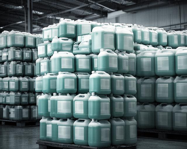 Bidones de detergente industrial apilados en una planta de limpieza con iluminación fría