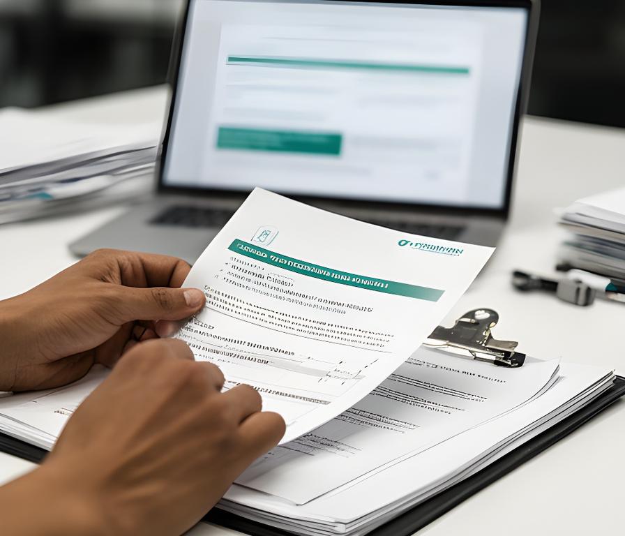 Manos revisando documentación de privacidad en una mesa de trabajo con portapapeles y laptop